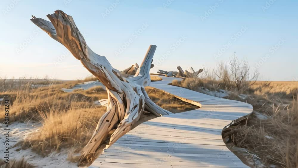 A wooden walkway extends through the middle of a vast field, A coastal boardwalk with sandy dunes and sculptural driftwood installations A wooden walkway extends through the middle of a vast field, A coastal boardwalk with sandy dunes and sculptural driftwood installations