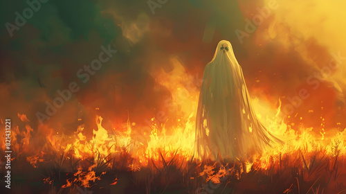 ghost standing in the field of flames, digital art style, illustration painting