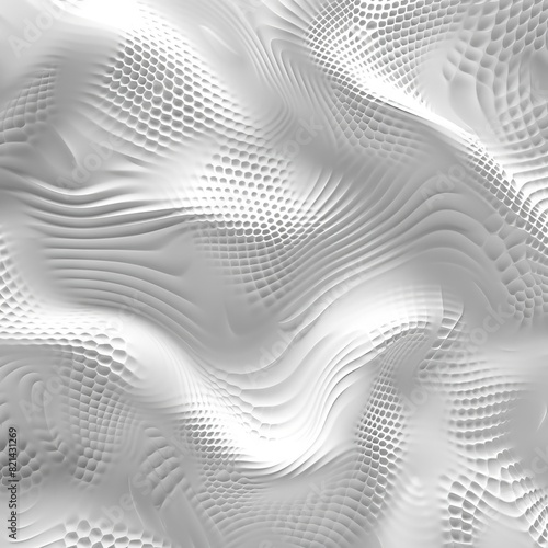 An abstract texture of a silver fabric with dotted pattern and soft folds. Antique white color background made of halftone dots and curved lines.