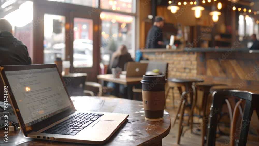 A laptop computer rests on a wooden table in a cozy coffee shop setting, A coffee shop scene with a laptop open to a research paper A laptop computer rests on a wooden table in a cozy coffee shop setting, A coffee shop scene with a laptop open to a research paper