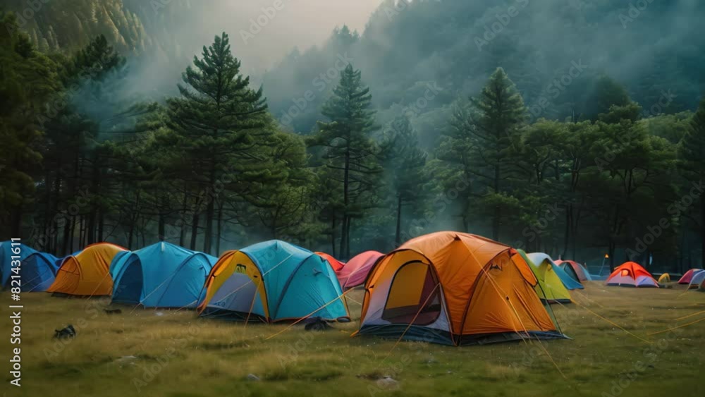 Colorful tents set up in a vast meadow overlooked by majestic mountains, A colorful array of tents set up in a meadow Colorful tents set up in a vast meadow overlooked by majestic mountains, A colorful array of tents set up in a meadow