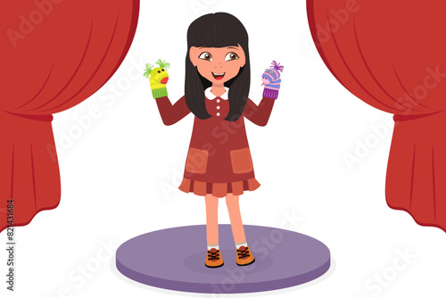 Flat Vector Illustration of Sock Puppets Theatre, Kids Theatrical Play in Puppetry