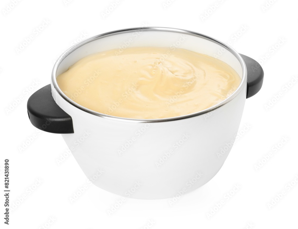 Fondue pot with tasty melted cheese isolated on white Fondue pot with tasty melted cheese isolated on white