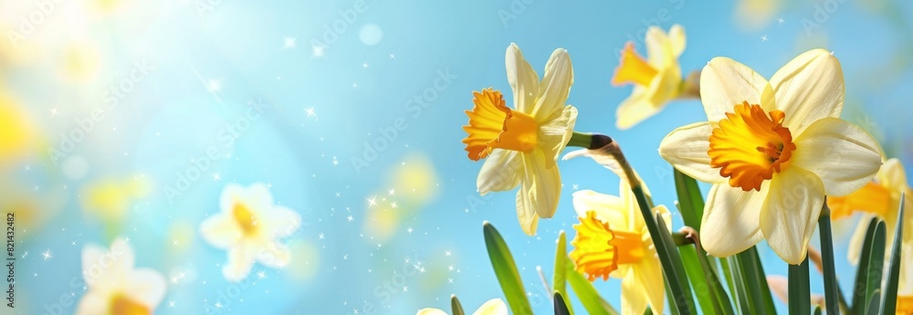 yellow daffodils in the sky, banner with copy space area on right side, blue spring background Generative AI yellow daffodils in the sky, banner with copy space area on right side, blue spring background Generative AI