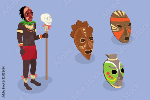 3D Isometric Flat Vector Illustration of African Shaman, Indigenous Tribe Member