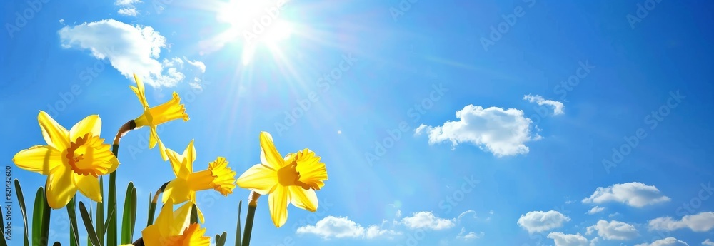 yellow daffodils in the foreground, blue sky with clouds in background, banner format, copy space Generative AI yellow daffodils in the foreground, blue sky with clouds in background, banner format, copy space Generative AI
