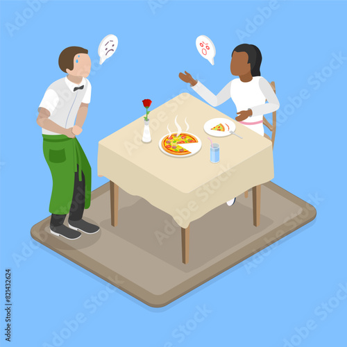 3D Isometric Flat Vector Illustration of Dissatisfied Restaurant Client, Service Problem