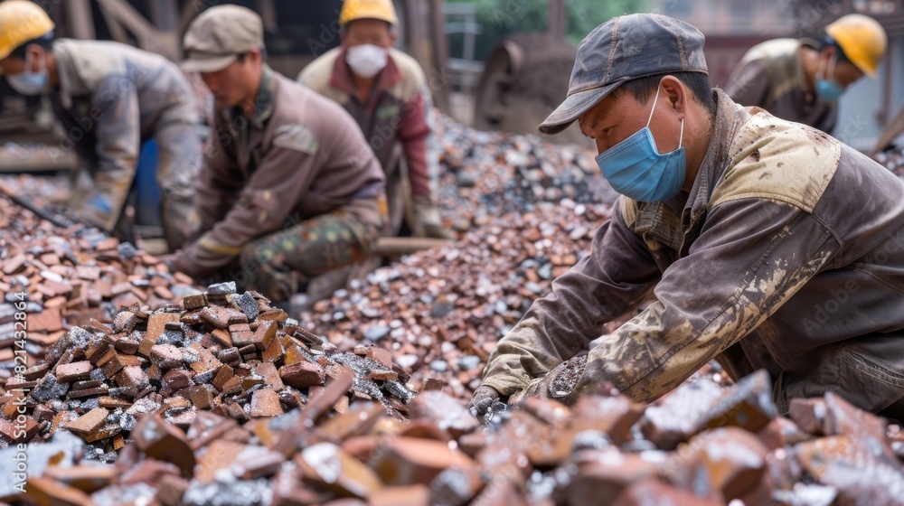 A team of workers carefully inspecting and sorting through piles of extracted metals. A team of workers carefully inspecting and sorting through piles of extracted metals.