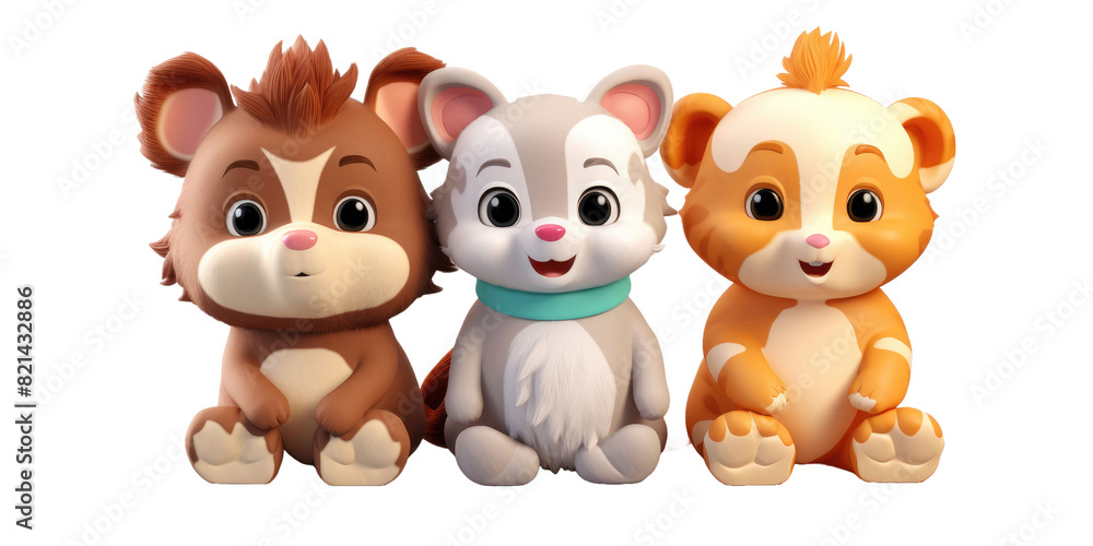 set of 3 cartoon animal toys characters isolated on a transparent background set of 3 cartoon animal toys characters isolated on a transparent background