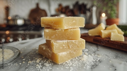 food industry fat exploration, neatly stacked solidified beef tallow chunks on a kitchen counter display the raw form of this traditional cooking fat, perfect for food industry showcases photo