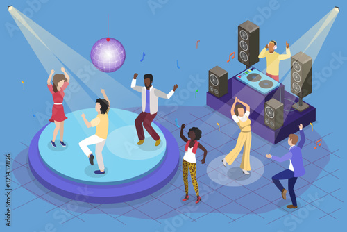 3D Isometric Flat Vector Illustration of Disco Club People, Nightlife Youth Event © TarikVision