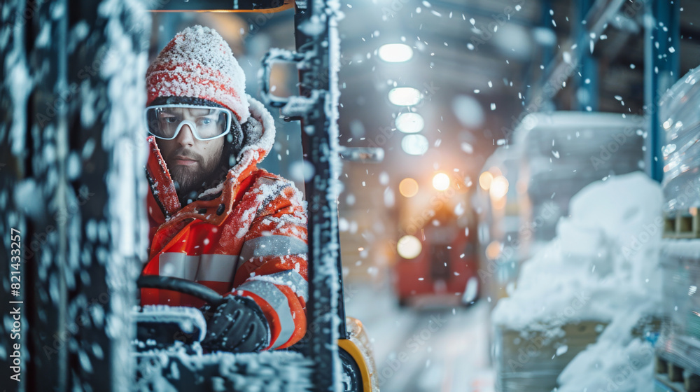 Forklift operator in heavy winter gear, navigating a snowy warehouse, highlighting the challenges of working in cold environments.