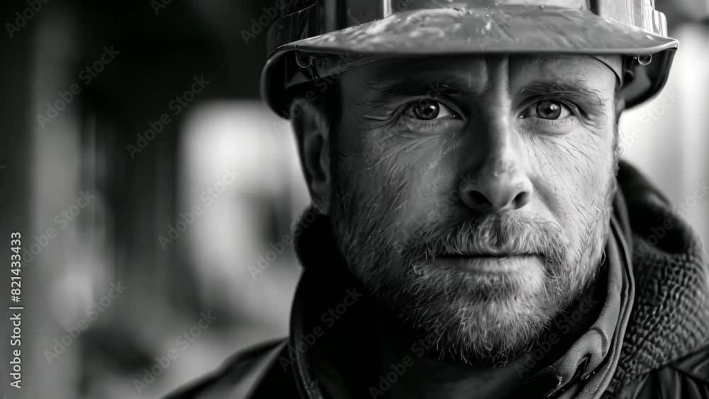 A man wearing a hard hat in a black and white setting, A construction worker with a hard hat A man wearing a hard hat in a black and white setting, A construction worker with a hard hat