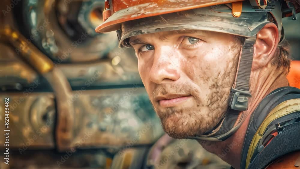 A man wearing a firemans helmet and looking directly at the camera in a close-up shot, A construction worker with a hard hat A man wearing a firemans helmet and looking directly at the camera in a close-up shot, A construction worker with a hard hat
