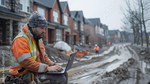 A construction worker in winter gear using a laptop on a muddy residential construction site, showing dedication and technology use.