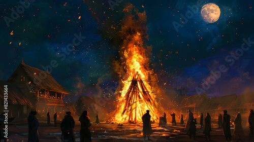 illustrated bonfire in the night for holika dahan in village with peoples, rules of third,extreme right photo