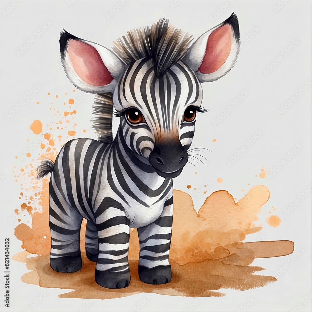 Watercolor cute baby zebra standing on white background 
