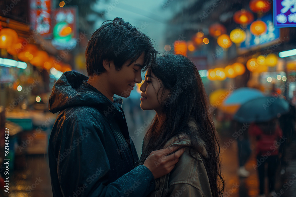 A couple embracing in a bustling market, surrounded by colorful stalls and the vibrant energy of the crowd, capturing their connection amidst the chaos.