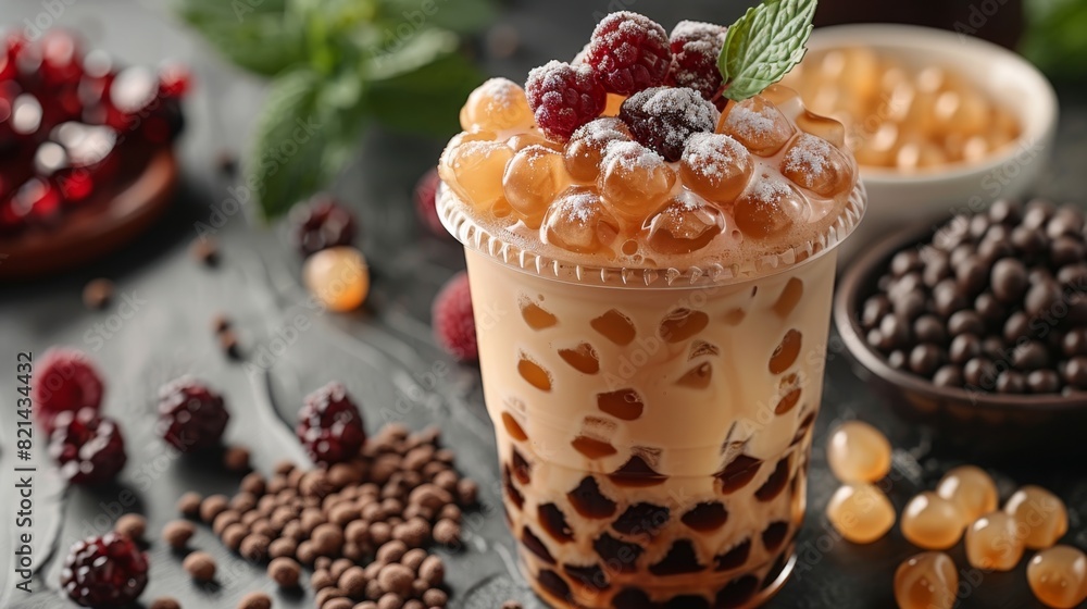 bubble tea cup with scattered tapioca pearls is shown in the image, ideal as a background concept with space for text bubble tea cup with scattered tapioca pearls is shown in the image, ideal as a background concept with space for text