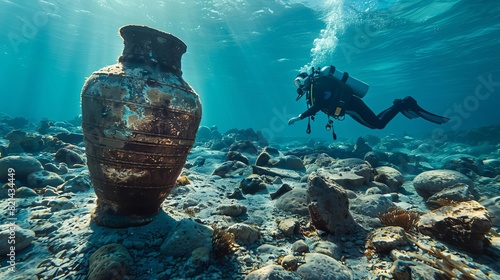 A diver discovering a wellpreserved amphora on the ocean floor