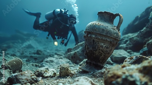 A diver discovering a wellpreserved amphora on the ocean floor photo