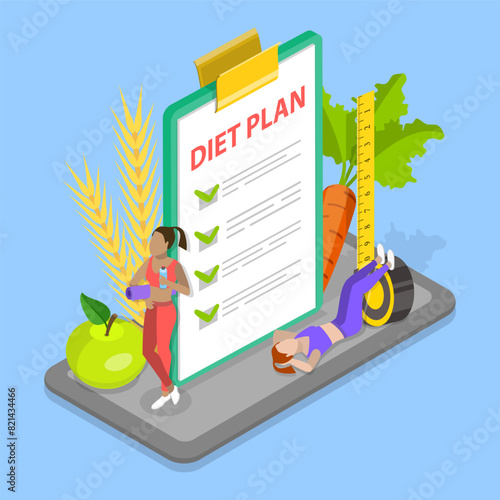 3D Isometric Flat Vector Illustration of Diet Plan Checklist, Calorie Control, Individual Dietary