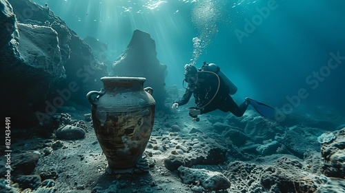 A diver discovering a wellpreserved amphora on the ocean floor photo