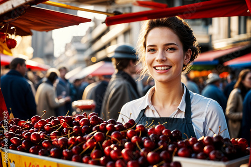 Lächelnde Frau steht am Marktstand in einer Stadt mit frisch gepflückten Kirschen und anderem Obst. Im Hintergrund sind weitere Marktstände und Menschen zu sehen. Es wirkt lebendig und freundlich. photo