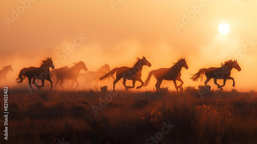 Landscape of wild horses running at sunset with dust in background.