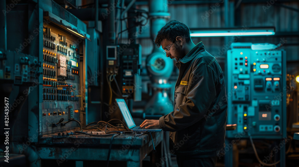 Engineer in a dimly lit industrial setting working on a control panel, focused on equipment maintenance and system monitoring. Engineer in a dimly lit industrial setting working on a control panel, focused on equipment maintenance and system monitoring.
