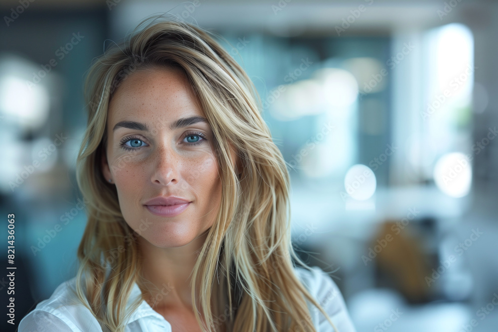 custom made wallpaper toronto digitalA confident woman with wavy blonde hair and blue eyes, wearing a white shirt, looking directly at the camera in a modern office setting with a blurred background