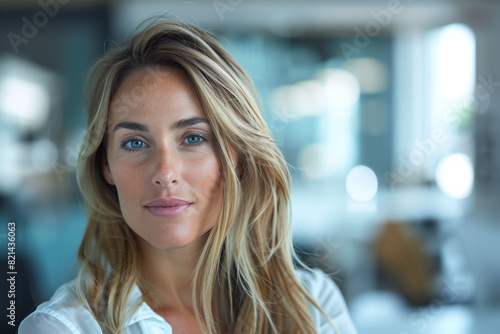 Wallpaper Mural A confident woman with wavy blonde hair and blue eyes, wearing a white shirt, looking directly at the camera in a modern office setting with a blurred background Torontodigital.ca