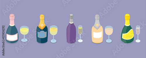 3D Isometric Flat Vector Set of Champagne Bottles, Sparkle Wine