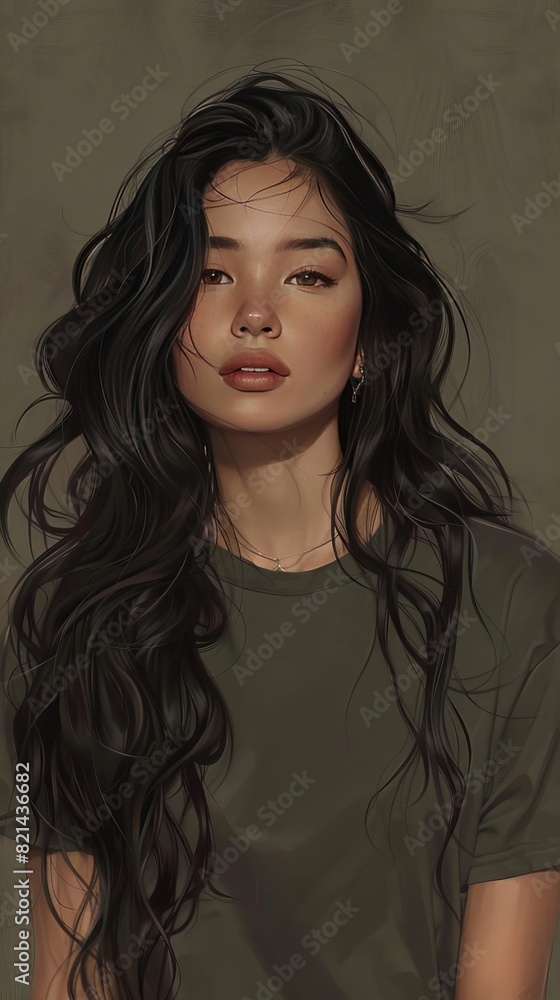 Beautiful girl. Wearing a T-shirt. Wavy long hair. Beautiful girl. Wearing a T-shirt. Wavy long hair.