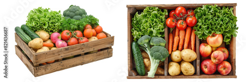vegetables in a wooden box isolated on white or transparent png
