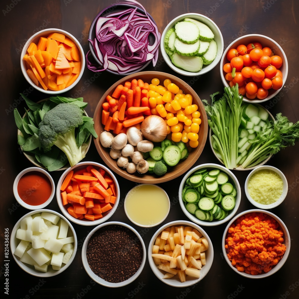Various fresh vegetables in bowls on a dark wooden table, including carrots, tomatoes, broccoli, mushrooms, and others. Various fresh vegetables in bowls on a dark wooden table, including carrots, tomatoes, broccoli, mushrooms, and others.