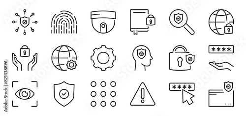 Security and protection line icons set 2. Shield, lock, password, camera vector sign, symbol. Isolated on a white background. Pixel perfect. Editable stroke. 64x64.