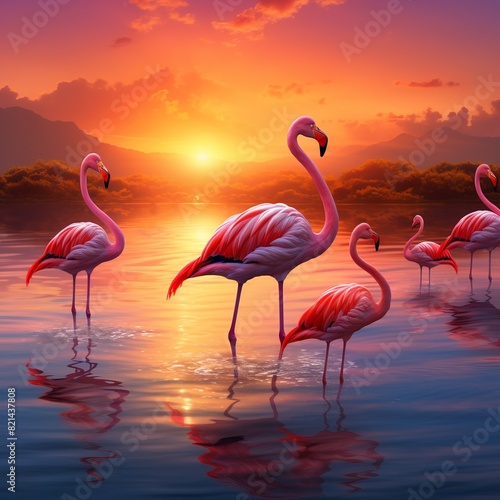 Vibrant flamingos standing in a serene lake at sunset  with majestic mountains and a colorful sky in the background.