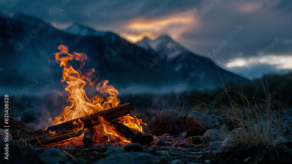 Campfire Glow Amidst Mountain Peaks