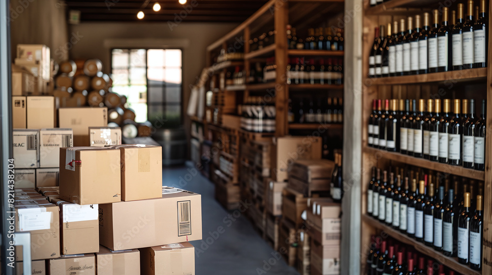 wine cellar deposit with cardboard boxes for delivery, alcohol shop, sommelier wine cellar deposit with cardboard boxes for delivery, alcohol shop, sommelier