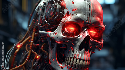 A cybernetic AI SKULL face, with pulsating red veins and metallic plating, in a post-apocalyptic wasteland. © Saad