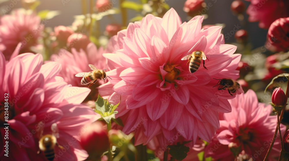 A dahlia garden with bees buzzing around, adding a sense of life and movement.