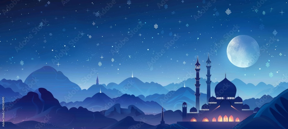 Beautiful vector illustration of a starry night with a crescent moon over a mosque and mountains, perfect for Eid al-Adha celebrations, cultural, and religious designs.