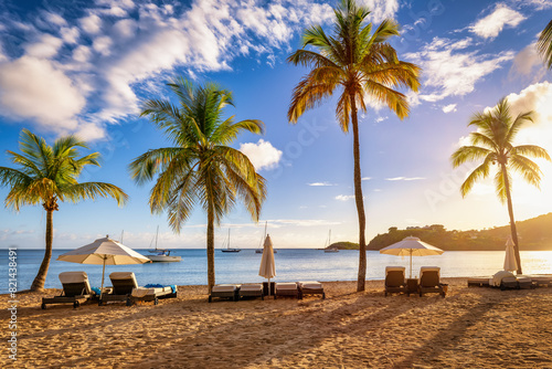 Fototapeta Naklejka Na Ścianę i Meble -  The beautiful beach of Carlisle Bay at the Caribbean islands of Antigua and Barbuda with coconut palm trees during sunset time