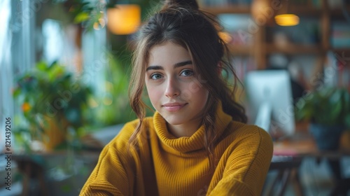 Wallpaper Mural remote mental health support, a gen z woman talking about her mental health with a caring psychologist online, set against a calming backdrop with plants and soothing hues, digital notes shown Torontodigital.ca