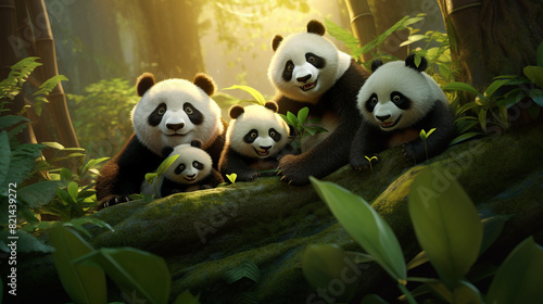 A family of adorable pandas playfully tumbling and rolling in a bamboo forest.