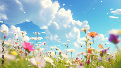 A field of wildflowers swaying gently in the breeze under a clear blue sky dotted with fluffy clouds. © Saad