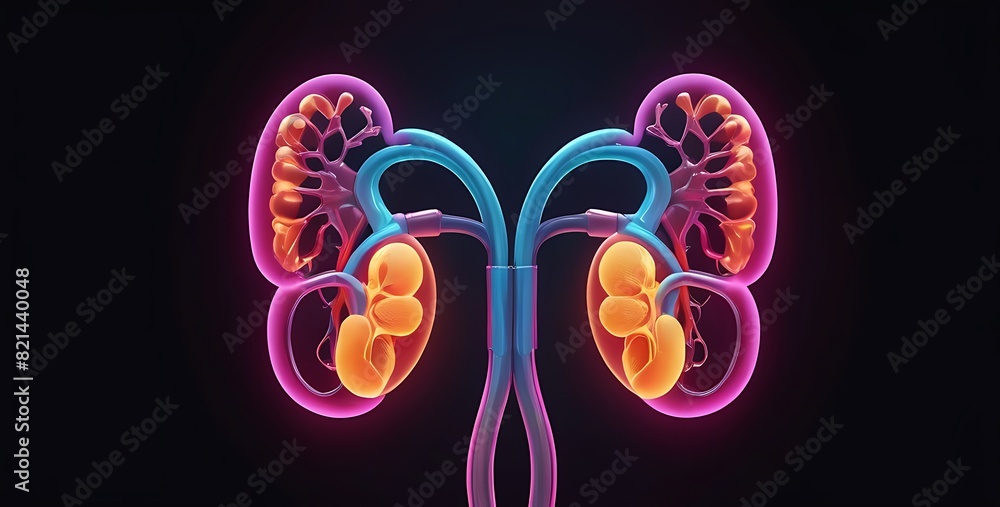 isolated on dark gardient background with copy space, neon human kidney concept, illustration isolated on dark gardient background with copy space, neon human kidney concept, illustration