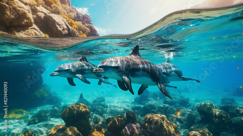 A group of playful dolphins frolicking in crystal-clear turquoise waters, creating splashes of joy. photo