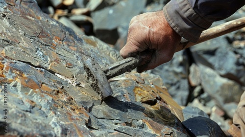 A worker using a pickaxe to extract uranium ore from a rock face. photo